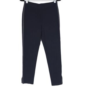 ST. JOHN Pants WOOL‎ Blend Size 6 LEATHER Side TRIM Knitted in USA🇺🇸 Navy Slit